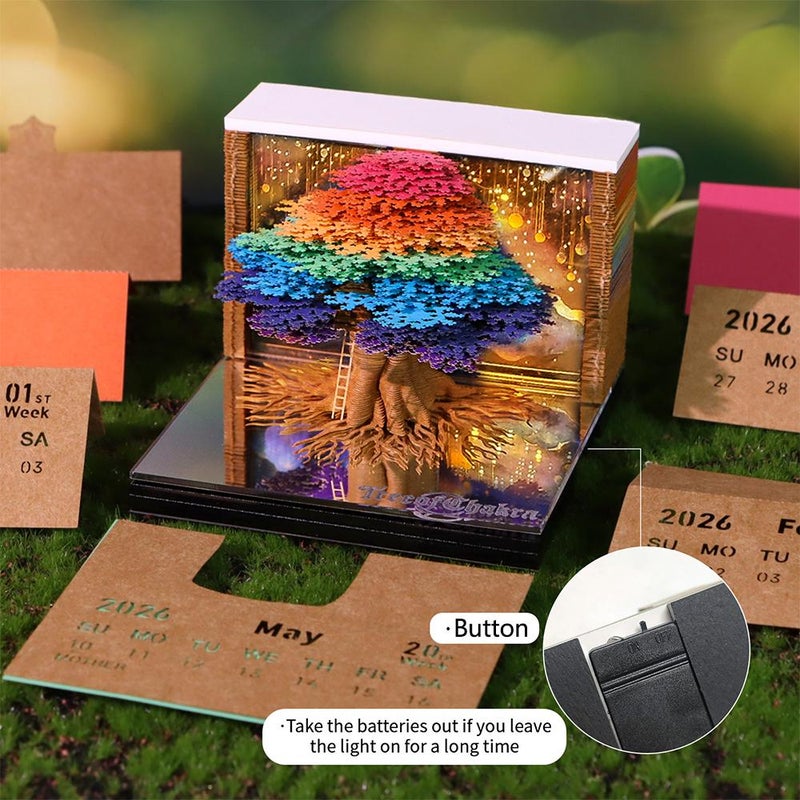3D Calendar 2026, Desk Time Piece Calendar, Tear-Away 3D Paper Art Notepad with LED Lights, Tree of Life Tear-Off Paper Sculpture Desk Calendars Notepad, Christmas Creative Gift - Image 3